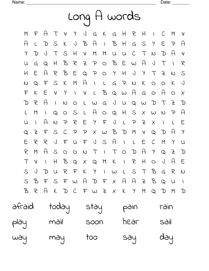 Long A words Word Search