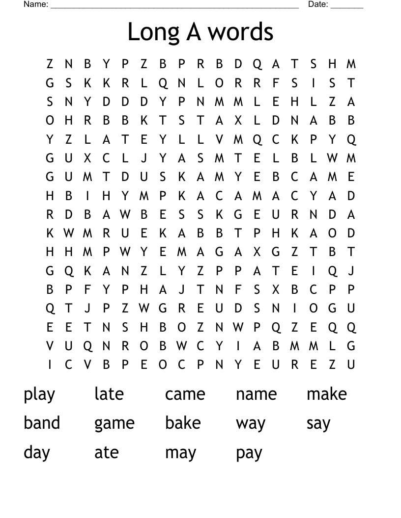 Long A words Word Search