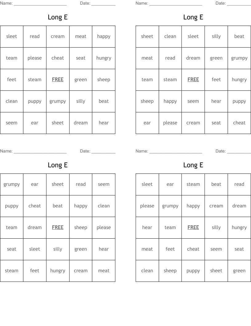 Long E Bingo Cards