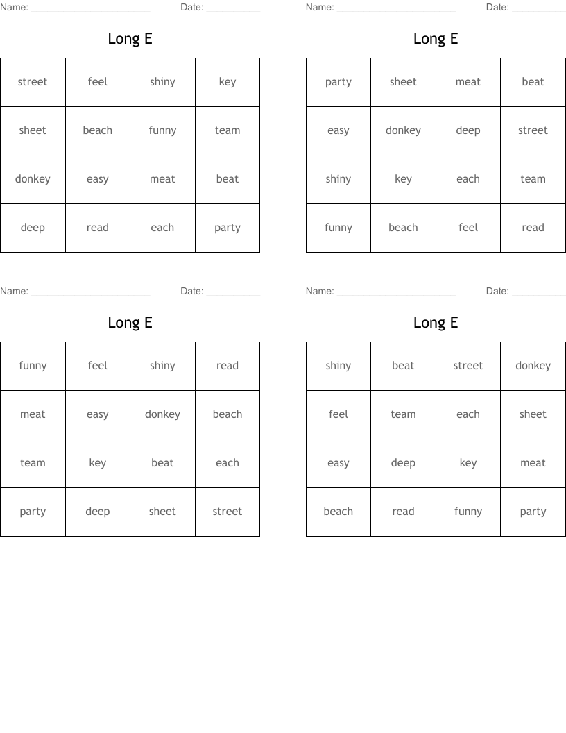 Long E Bingo Cards