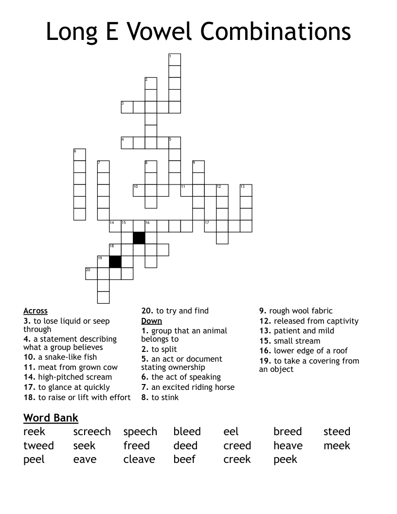Long E Vowel Combinations Crossword