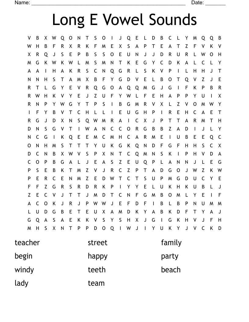 Long E Vowel Sounds Word Search