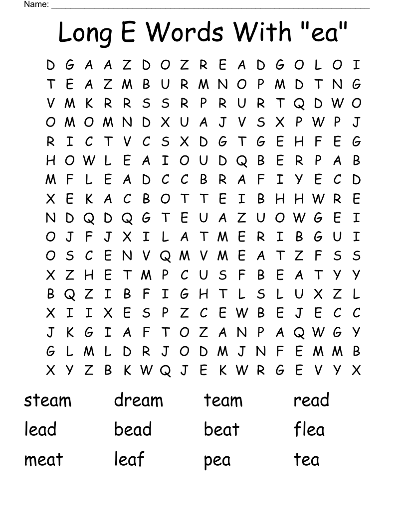 Long E Words With "ea" Word Search