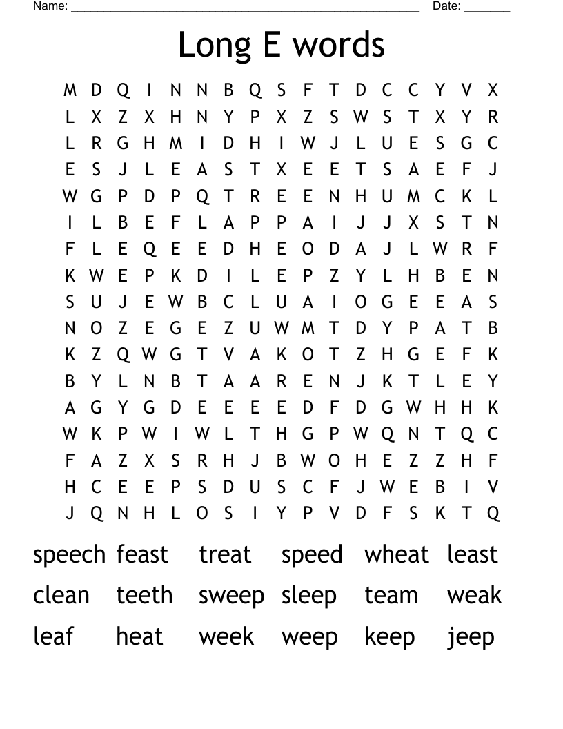 Long E words Word Search