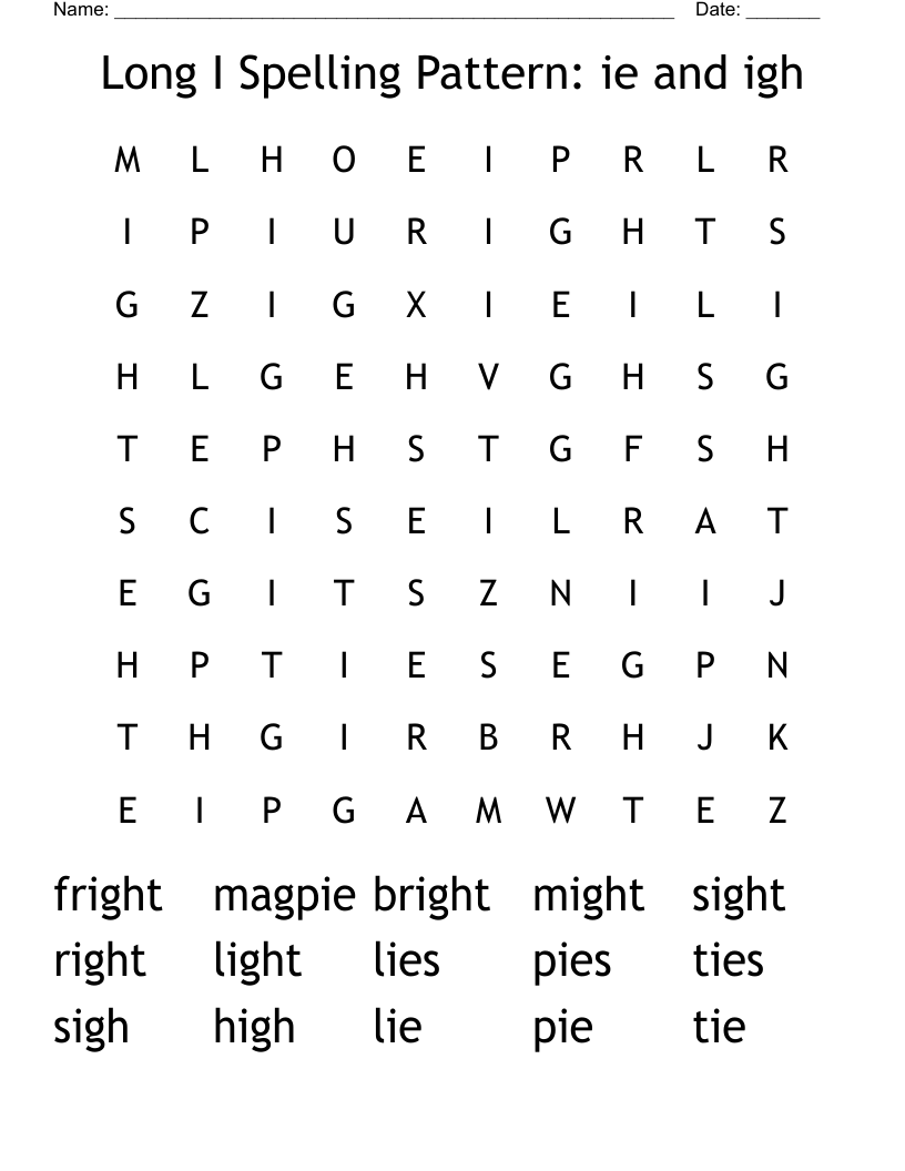 Long I Spelling Pattern:  ie and igh Word Search