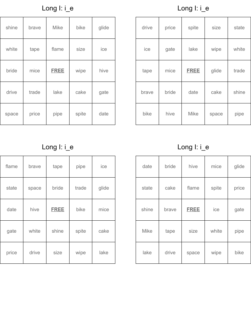 Long I: i_e  Bingo Cards