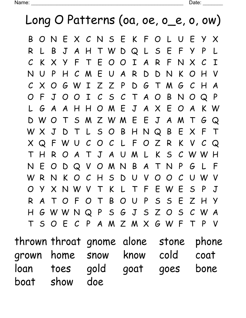 Long O Patterns (oa, oe, o_e, o, ow) Word Search