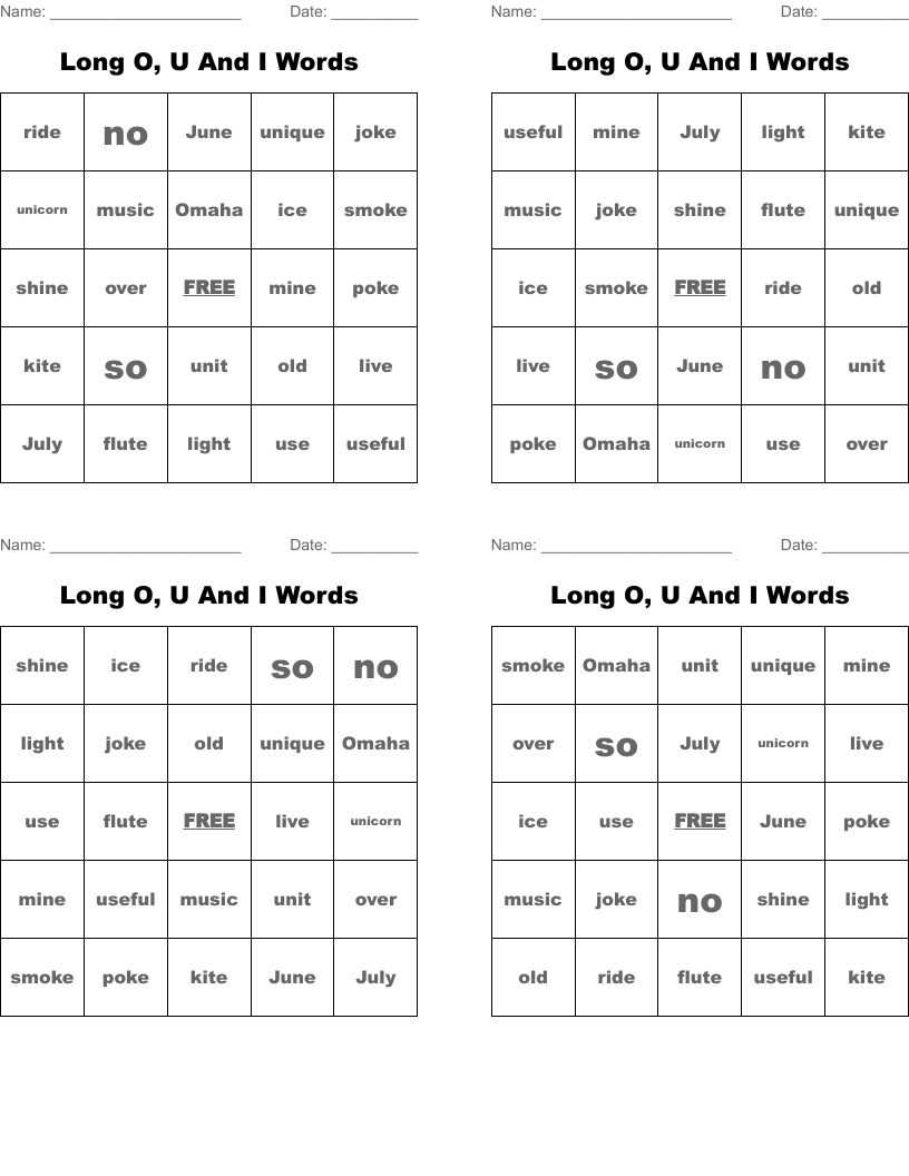 Long O,  U And I Words Bingo Cards