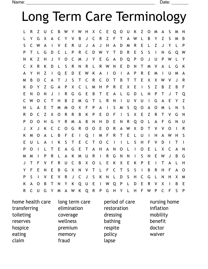 Long Term Care Terminology Word Search