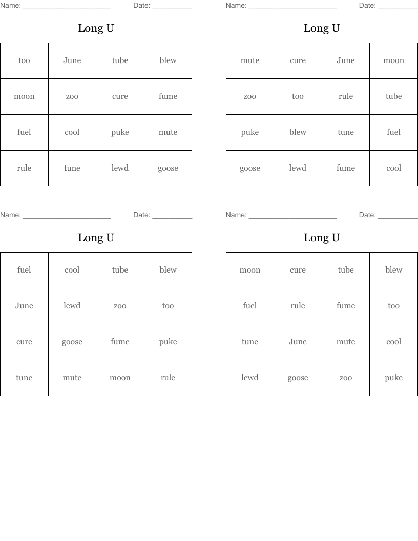 Long U Bingo Cards