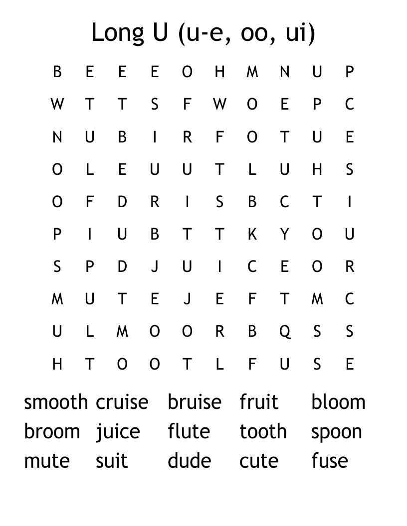 Long U (u-e, oo, ui) Word Search