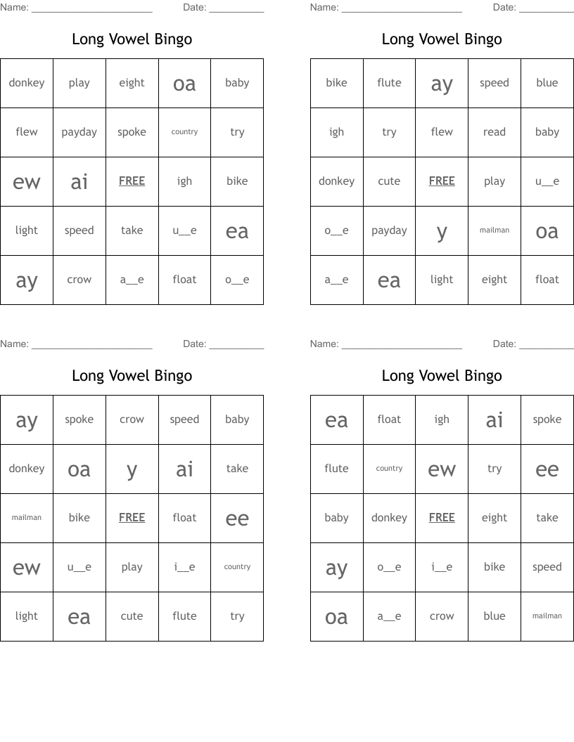 Long Vowel Bingo