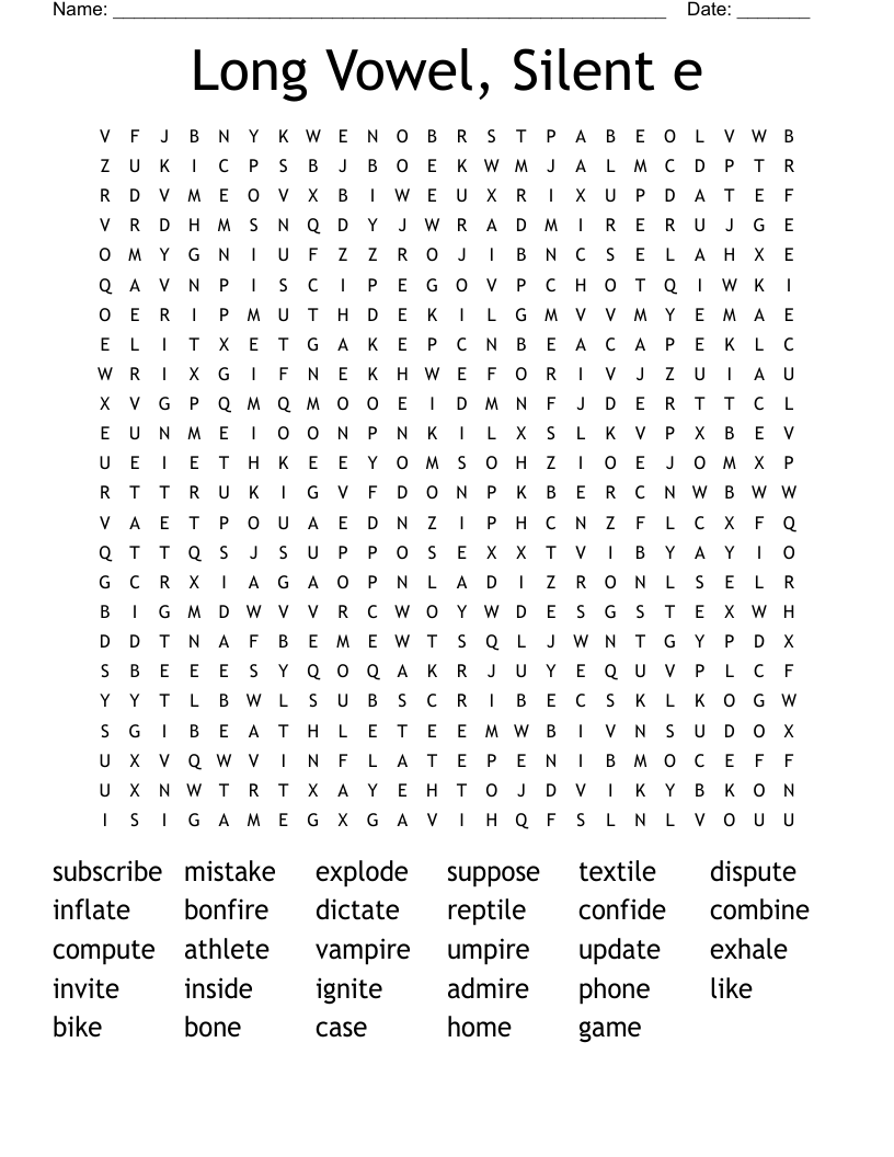 Long Vowel, Silent e Word Search