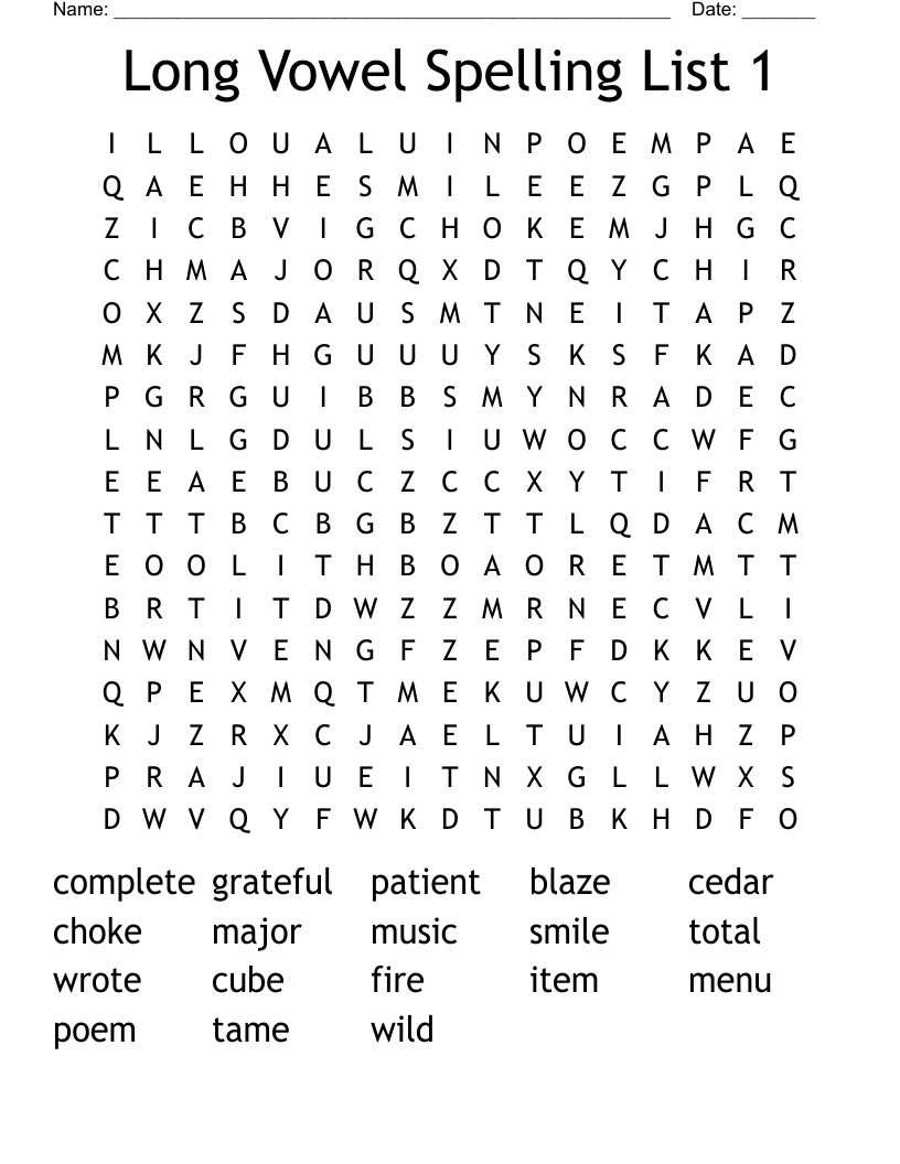 Long Vowel Spelling List 1 Word Search