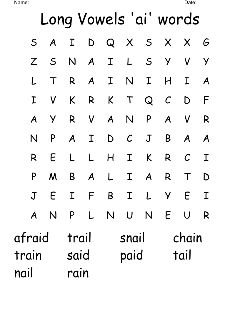 Long Vowels 'ai' words Word Search
