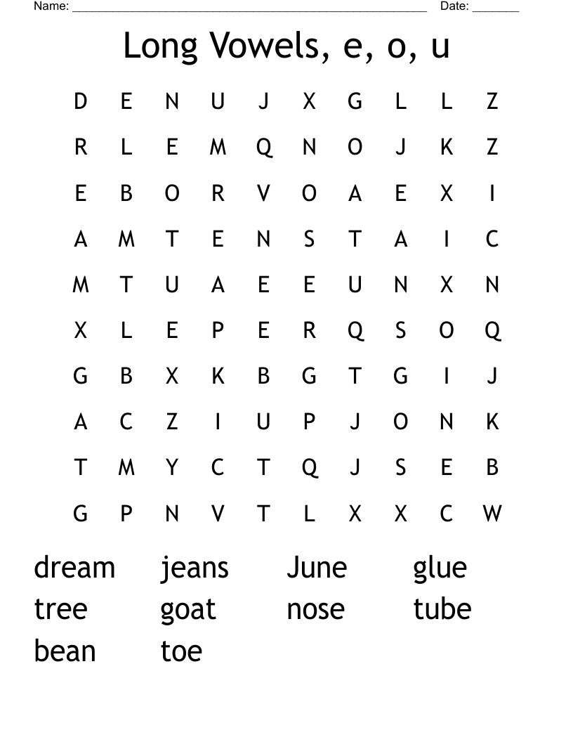 Long Vowels, e, o, u Word Search