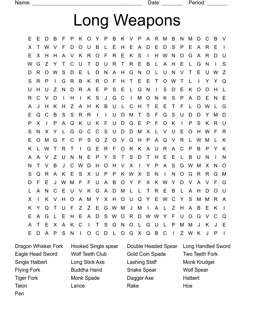Long Weapons Word Search