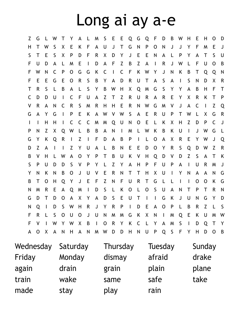 Long  ai  ay  a-e Word Search