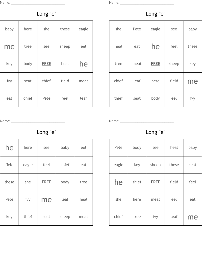 Long  "e" Bingo Cards