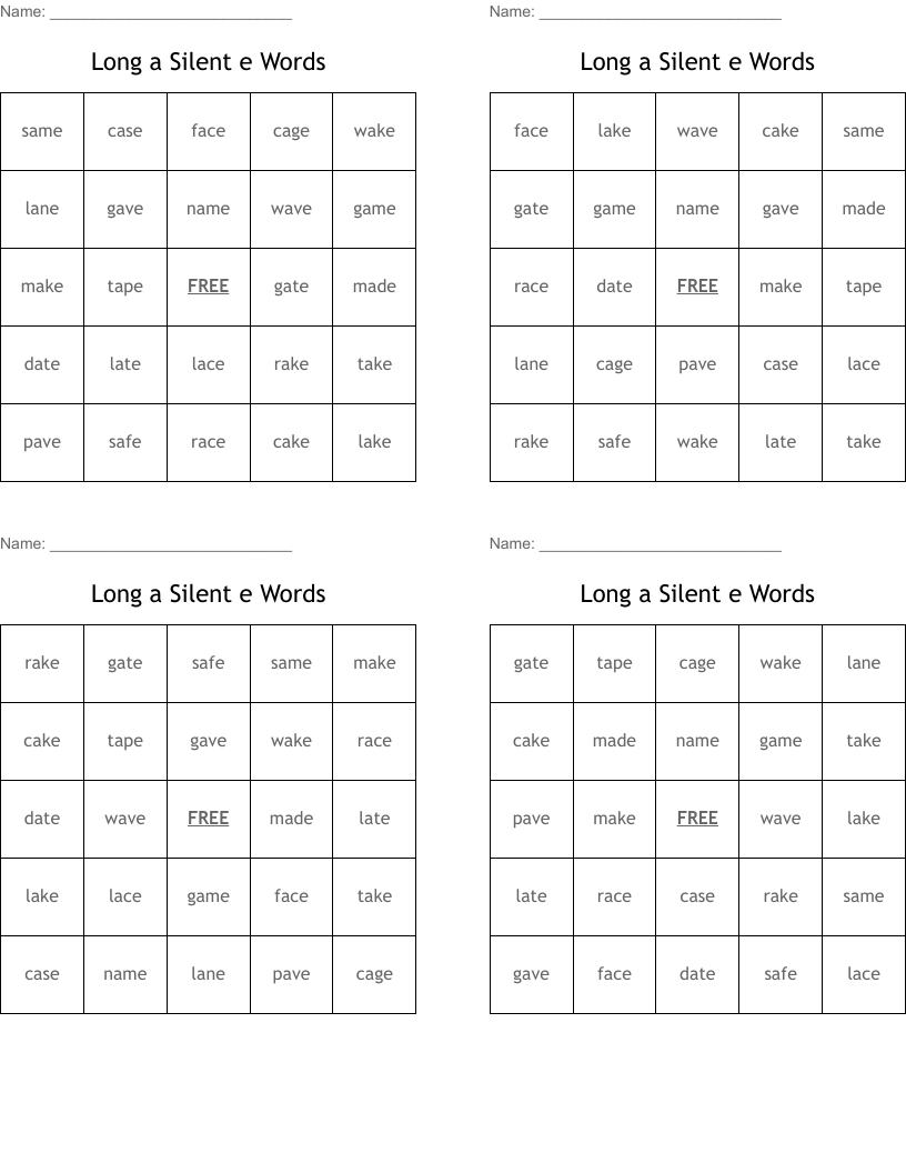 Long a Silent e Words Bingo Cards