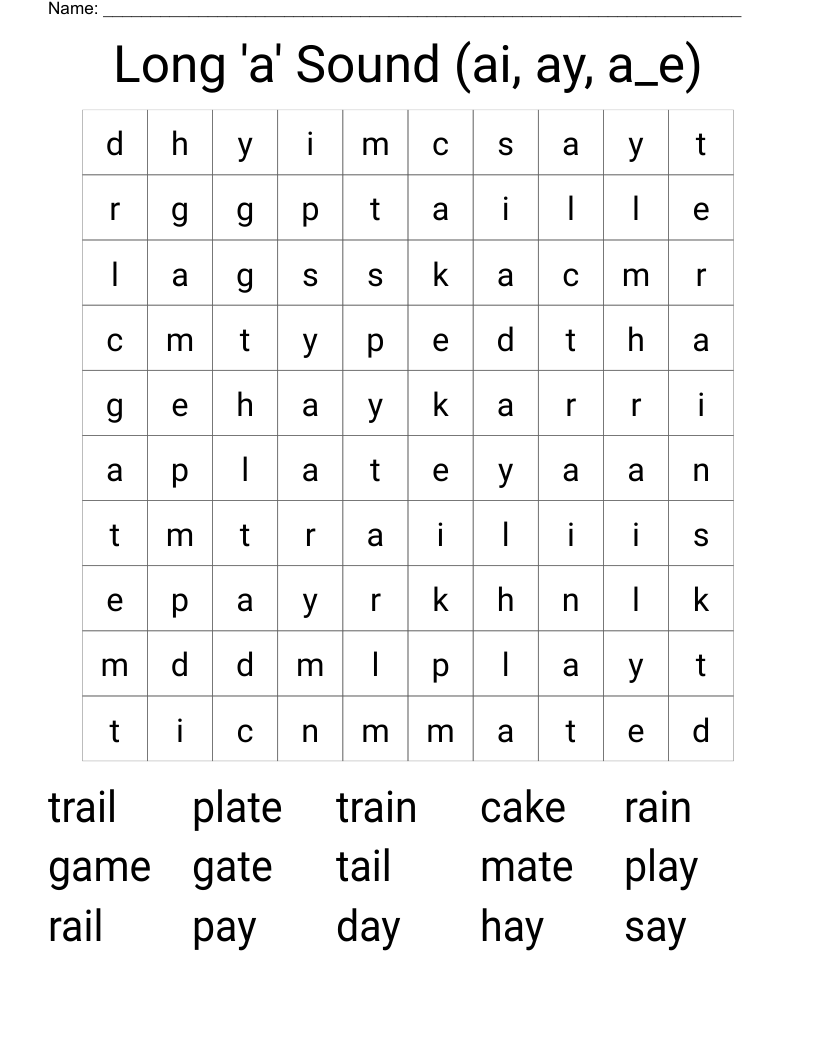 Long 'a' Sound (ai, ay, a_e) Word Search