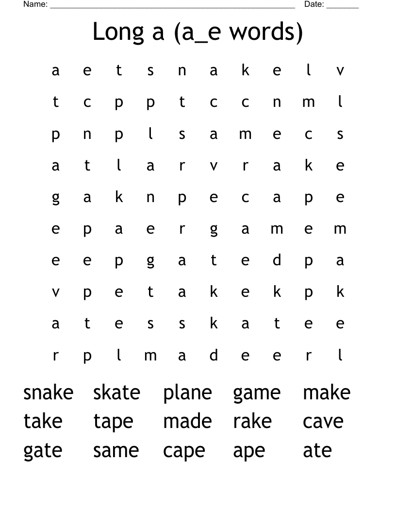 Long a   (a_e words) Word Search
