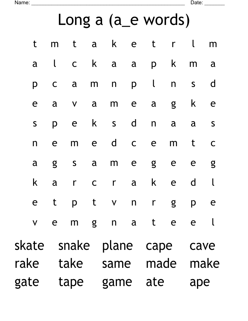 Long a (a_e words) Word Search