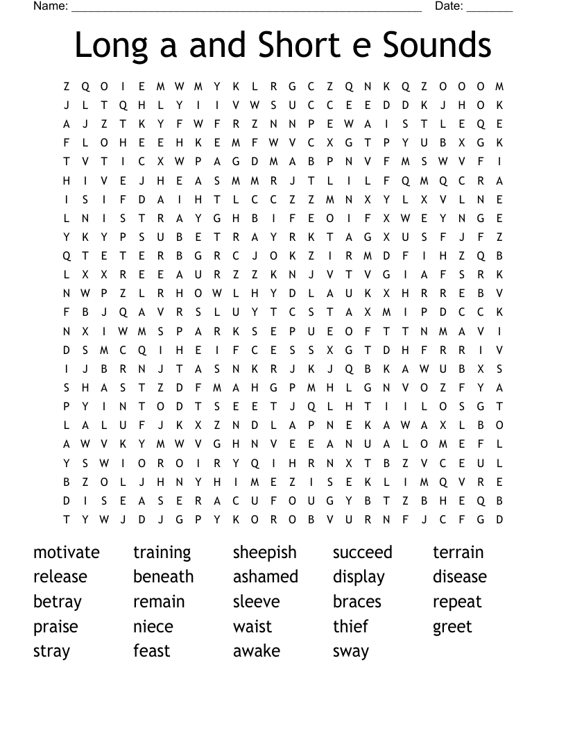 Long a and Short e Sounds Word Search