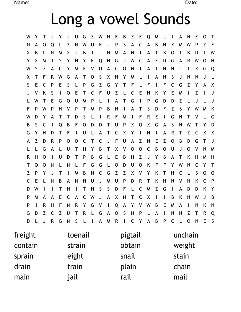 Long a vowel Sounds Word Search