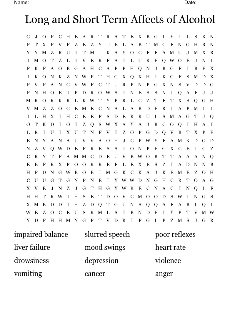 Long and Short Term Affects of Alcohol Word Search