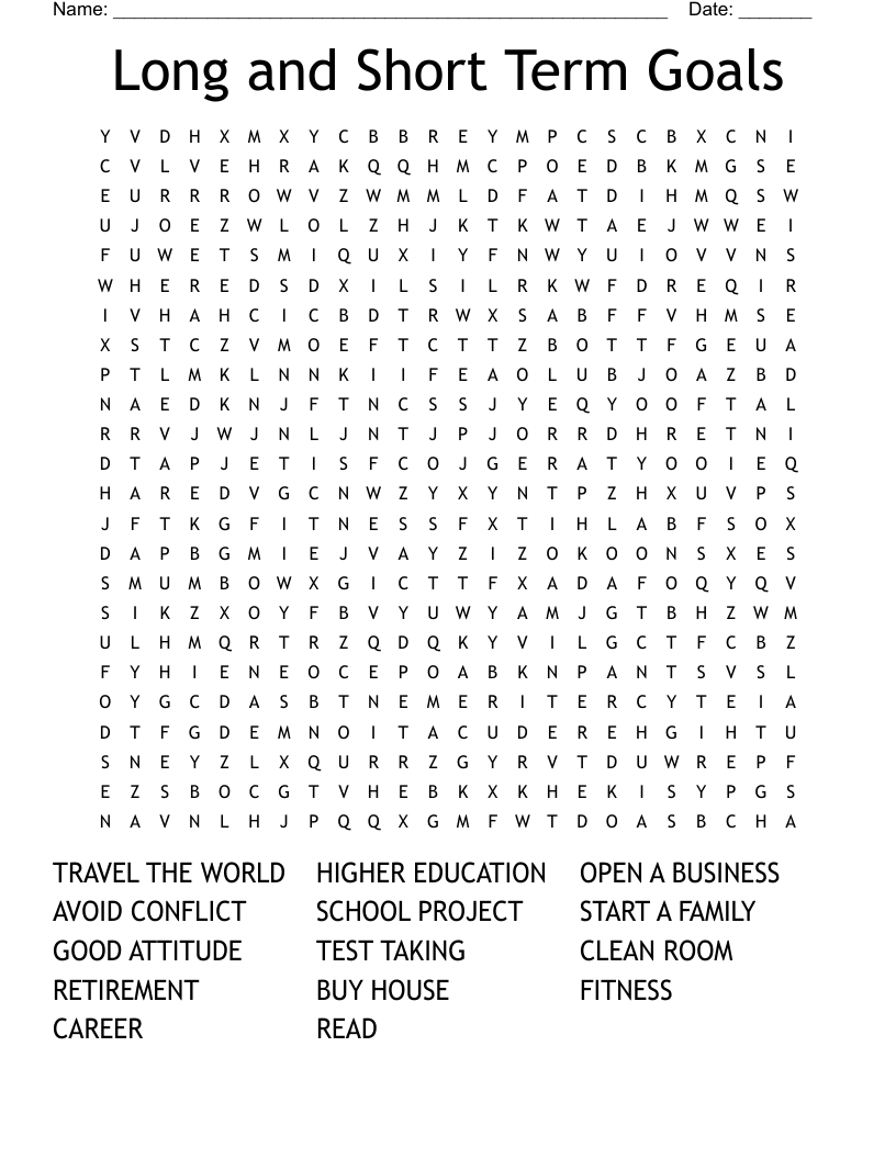 Long and Short Term Goals Word Search