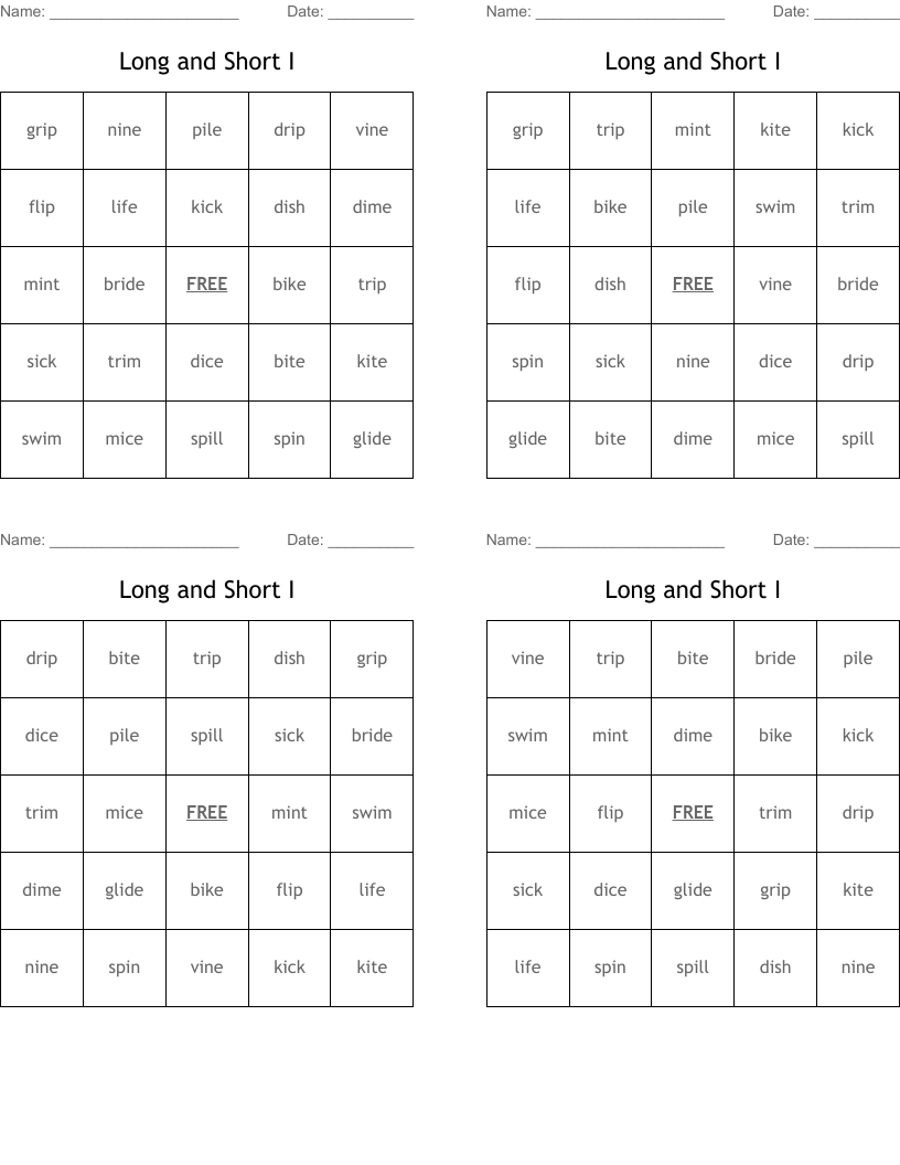 Long and Short  I Bingo Cards
