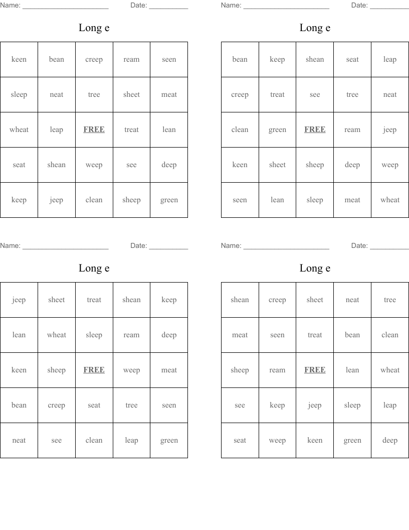 Long e Bingo Cards