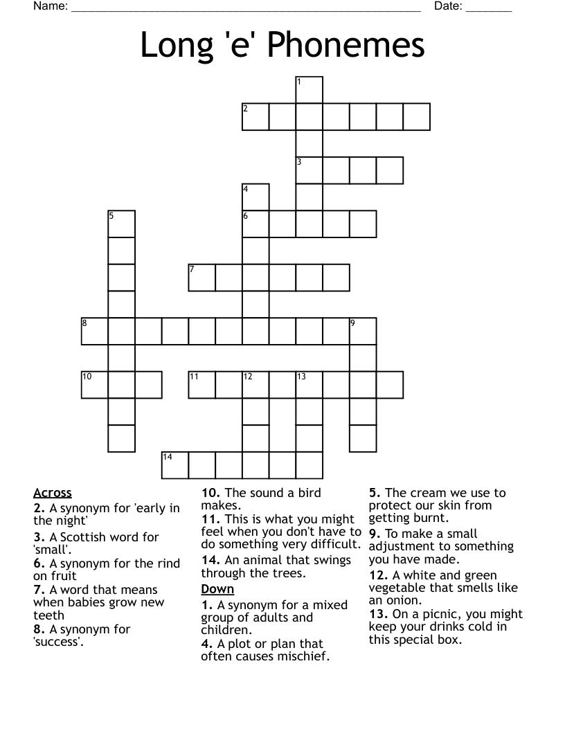 Long 'e' Phonemes Crossword