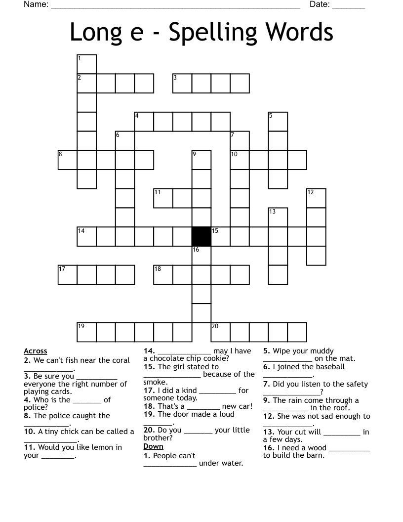 Long e - Spelling Words Crossword