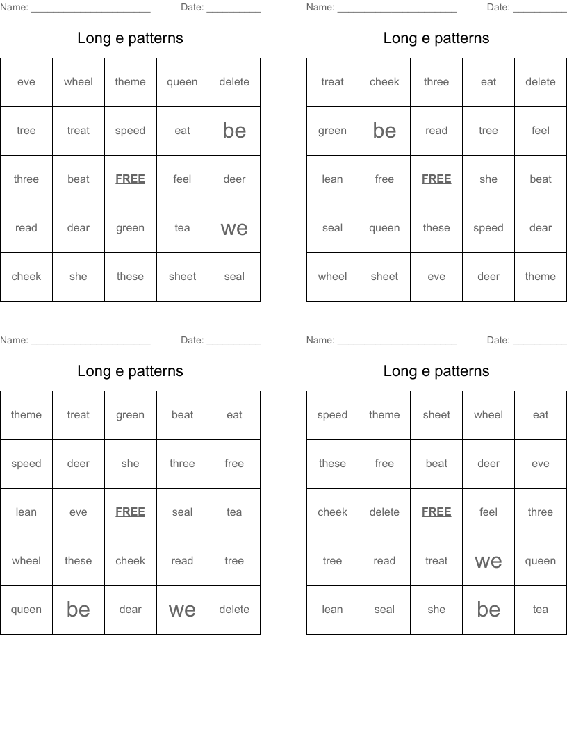 Long e patterns Bingo Cards