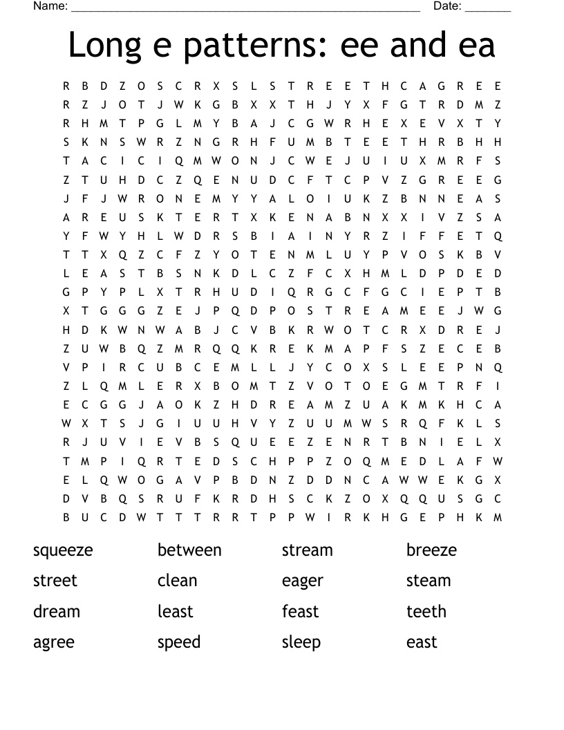 Long e patterns: ee and ea Word Search