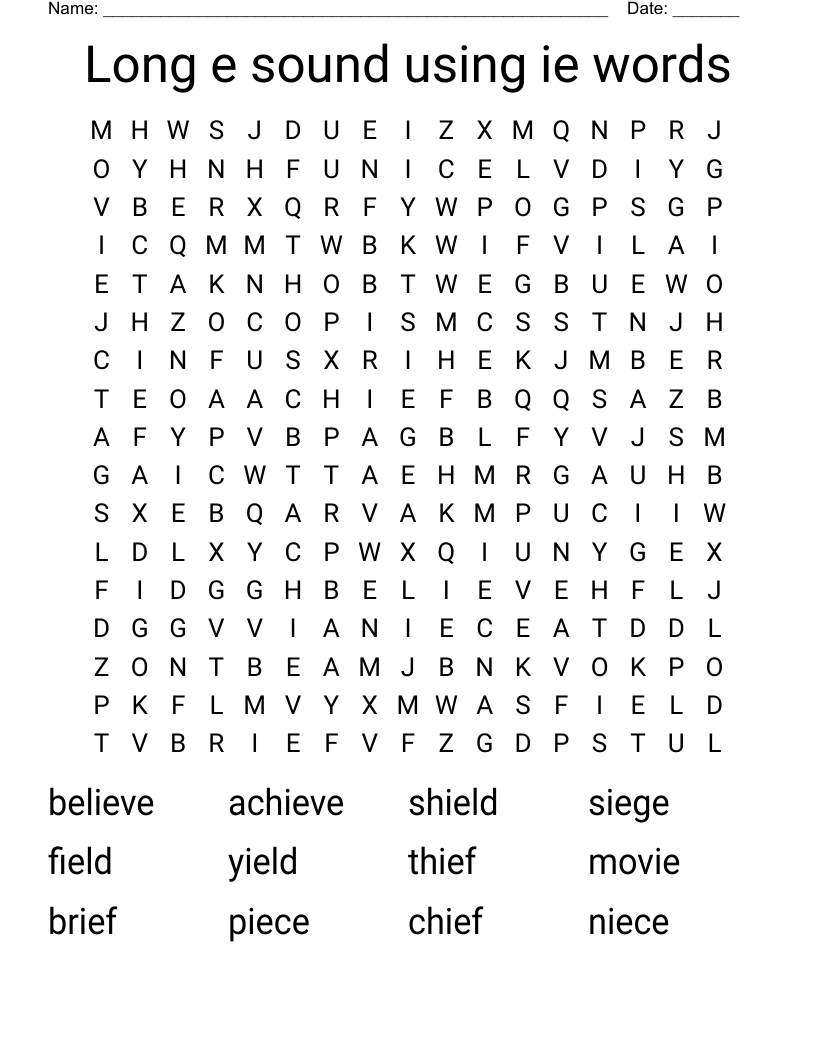 Long e sound using ie words Word Search
