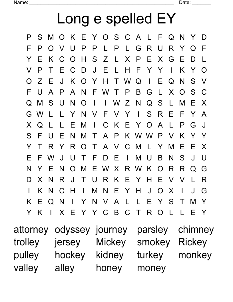 Long e spelled EY      Word Search
