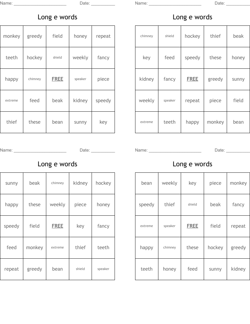 Long e words  Bingo Cards