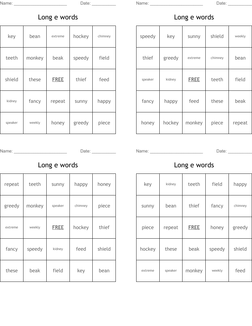 Long e words  Bingo Cards