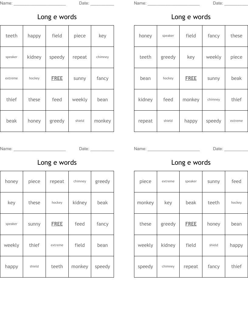 Long e words  Bingo Cards