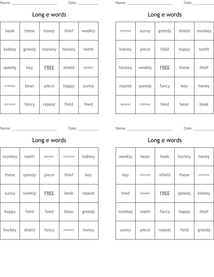 Long e words  Bingo Cards