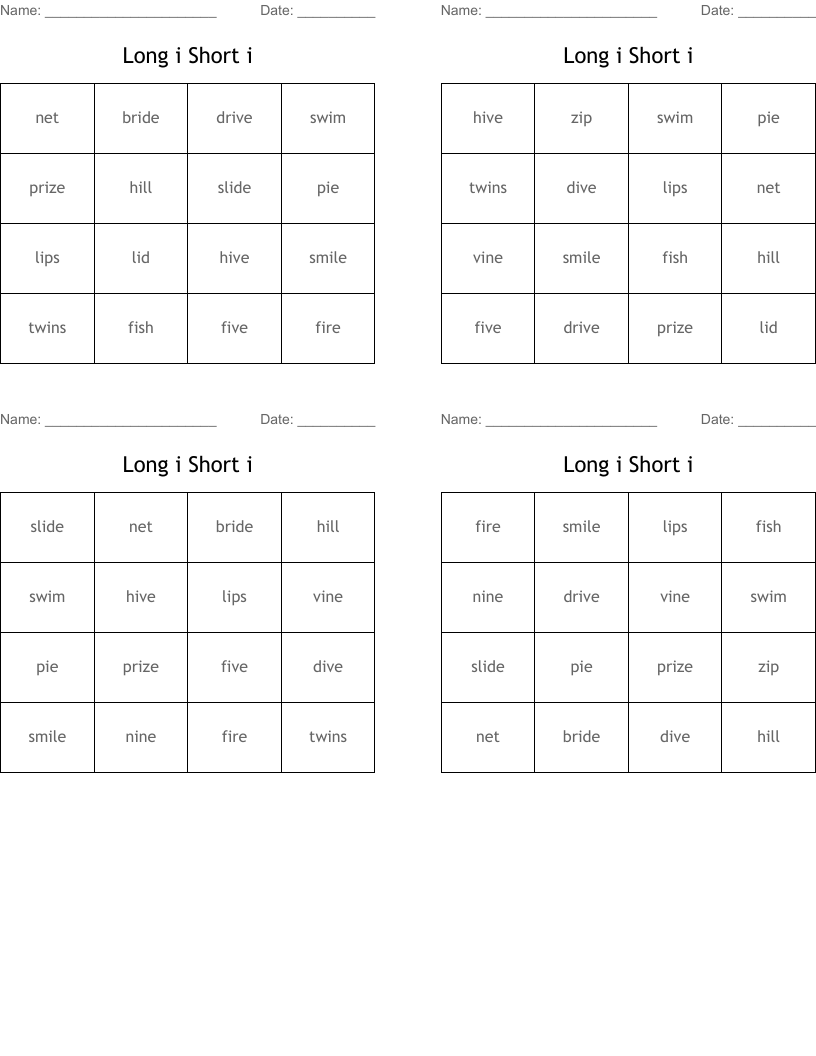 Long i Short i Bingo Cards