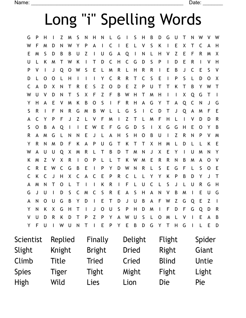 Long "i" Spelling Words Word Search