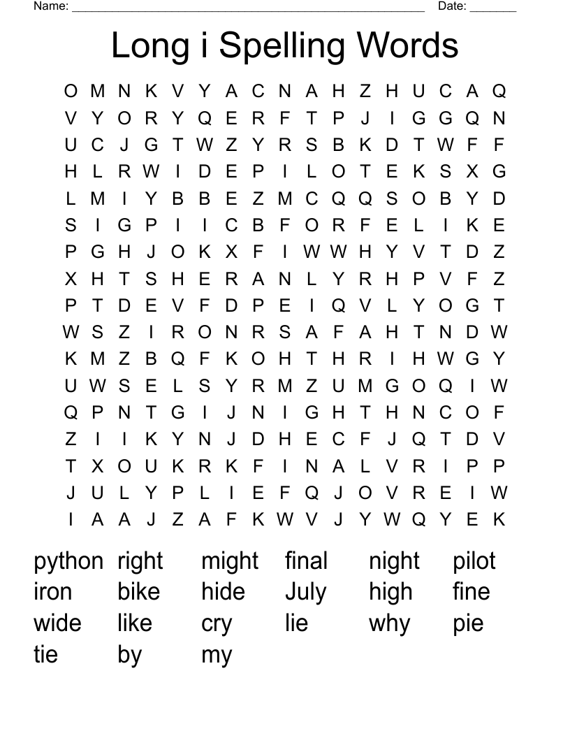 Long i Spelling Words Word Search