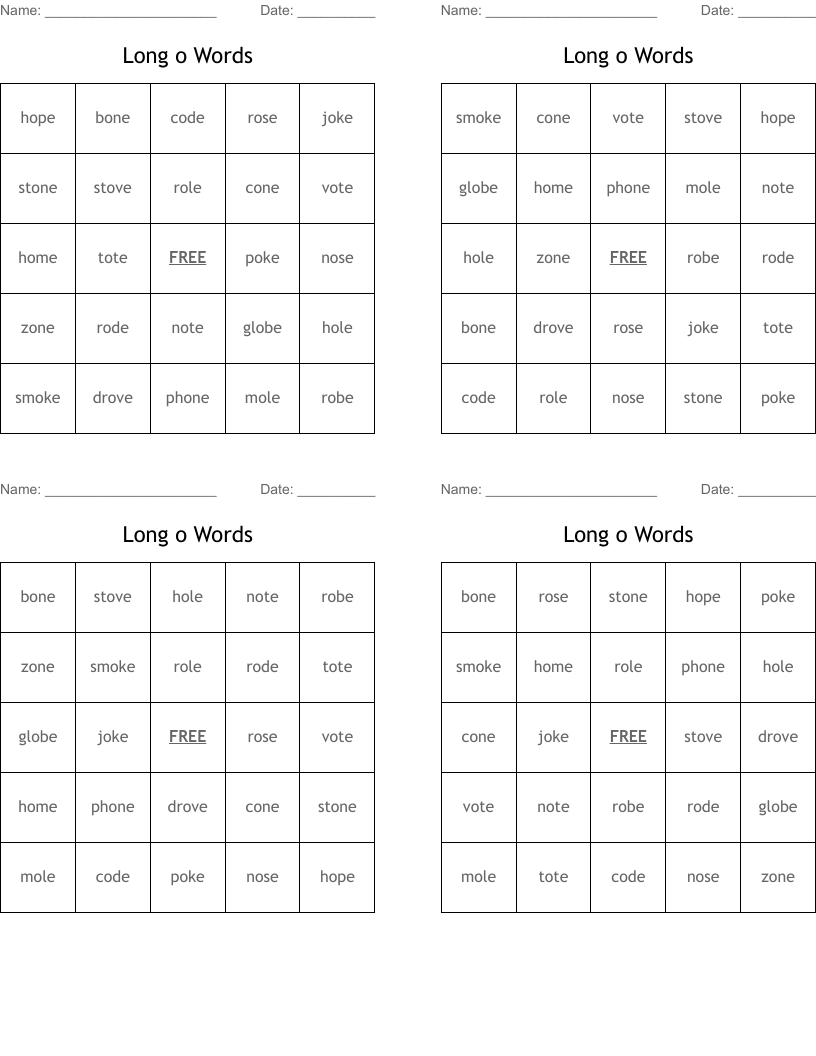 Long o Words Bingo Cards