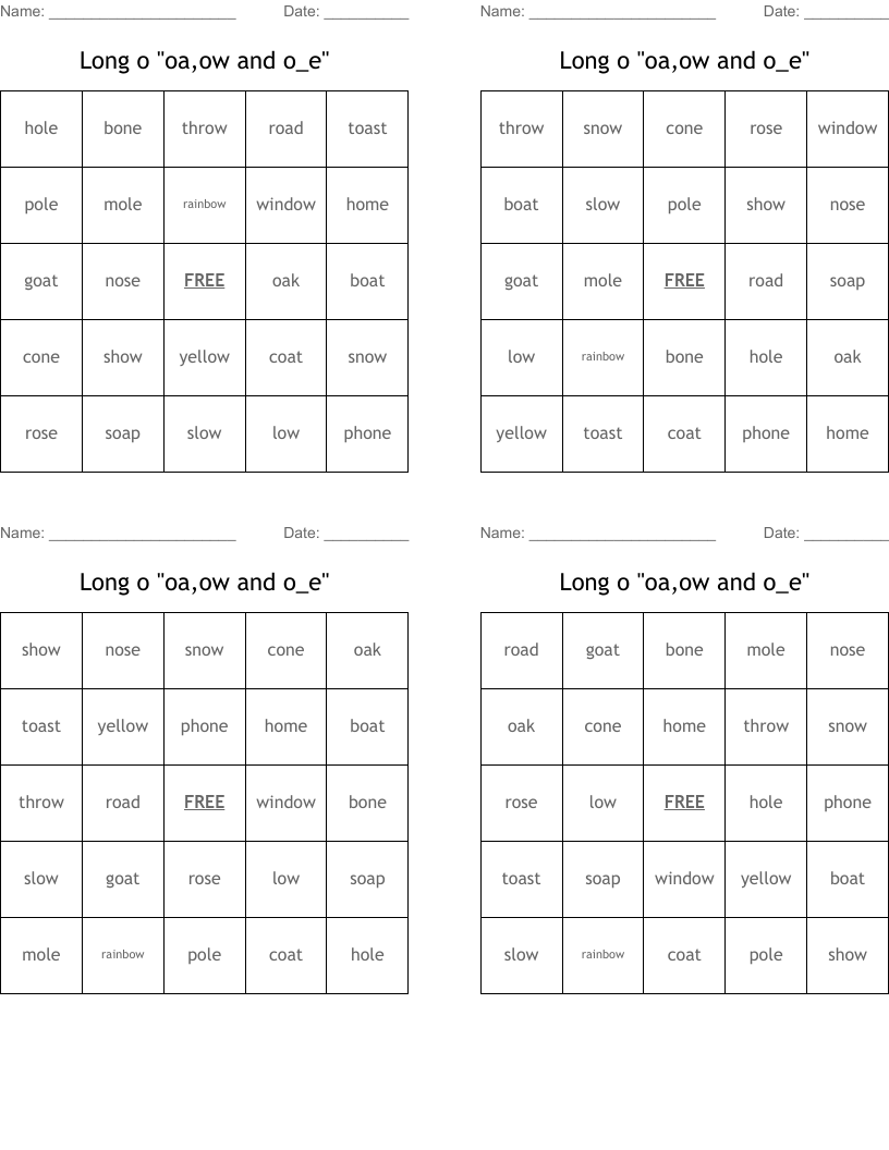 Long o "oa,ow and o_e" Bingo Cards