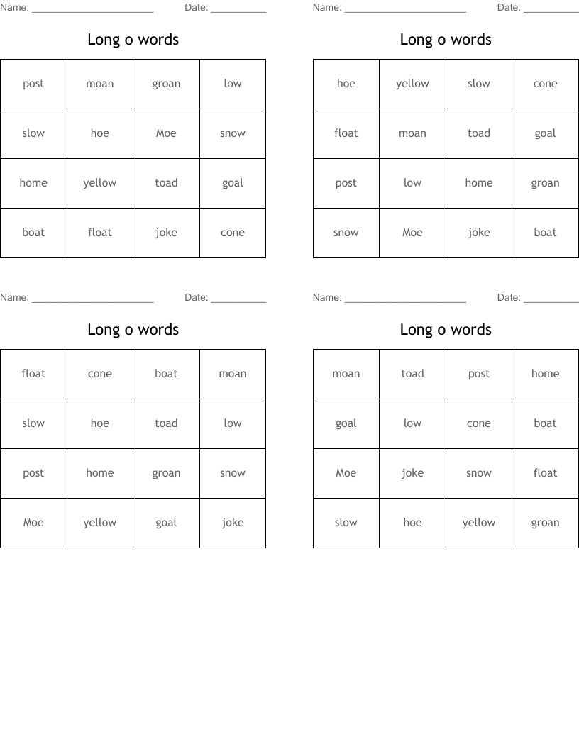Long o words Bingo Cards
