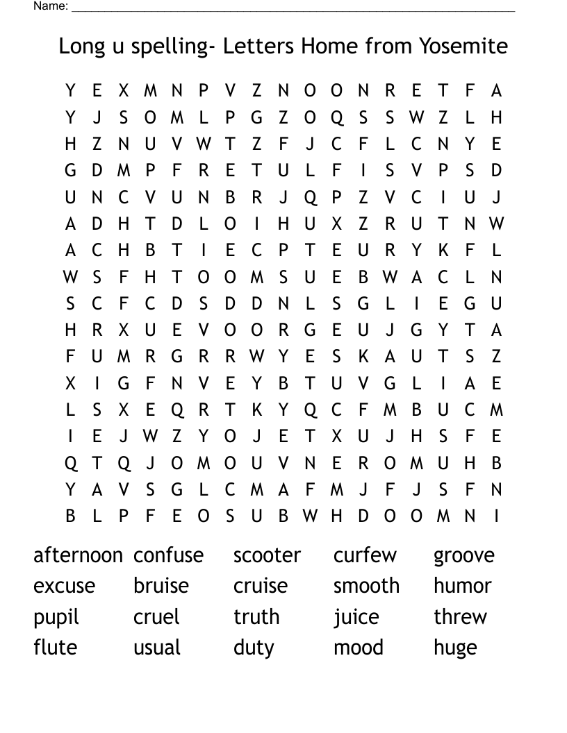 Long u spelling- Letters Home from Yosemite Word Search